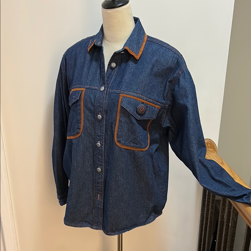 Chaus Sport Vintage Denim Button-Up Shirt with Brown Trim